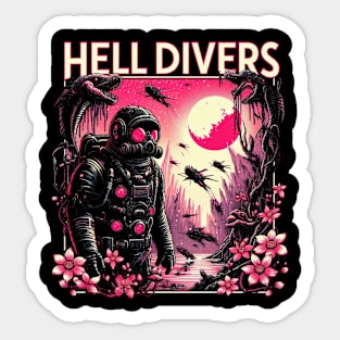 A graphic showing Helldivers exploring an extraterrestrial world with surrounding strange plants and animals rising - fantasy Sticker